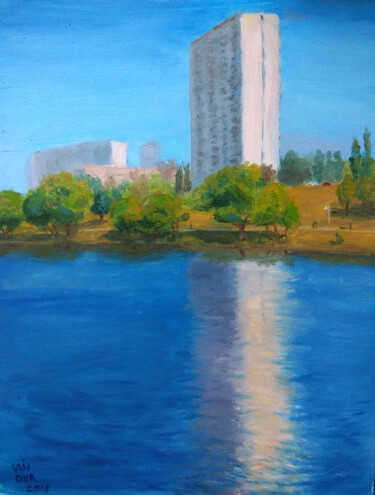 Painting titled "Telbin lake in Kyiv" by Alex Vainova, Original Artwork, Oil