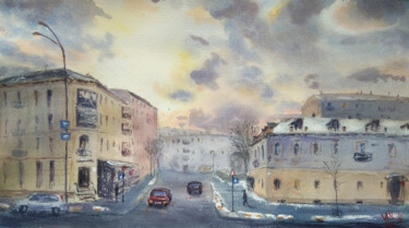 Painting titled "Podil in February" by Alex Vainova, Original Artwork, Watercolor