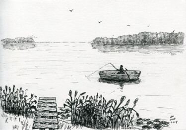 Desenho intitulada "fisherman on the la…" por Alex Vainova, Obras de arte originais, Tinta