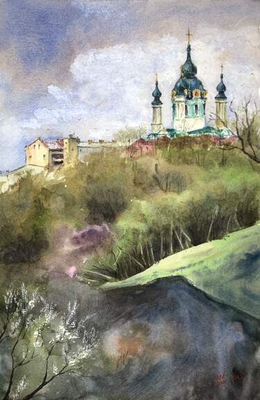 Painting titled "Andrew's Church. Sp…" by Alex Vainova, Original Artwork, Watercolor