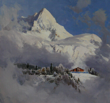 Painting titled "Snowy peaks in the…" by Alexander Babich, Original Artwork, Oil