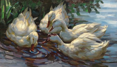 Peinture intitulée "Quatre canards au b…" par Alexander Koester, Œuvre d'art originale, Huile