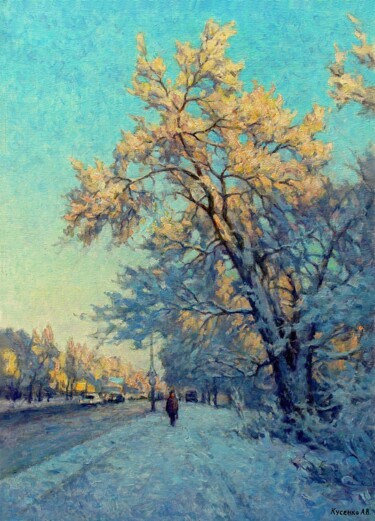 Malerei mit dem Titel "Зимовий вечір" von Aleksandr Kusenko, Original-Kunstwerk, Öl