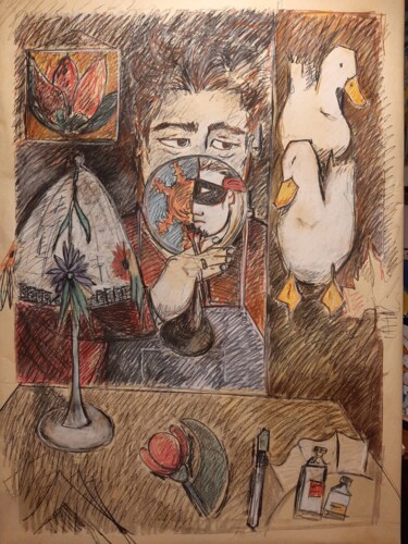 Tekening getiteld "Agam et ego , sono…" door Alexander Luigi Di Meglio, Origineel Kunstwerk, Houtskool Gemonteerd op Karton