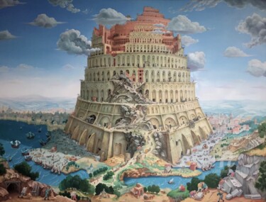 Painting titled "The Tower of Babel.…" by Aleksandr Mikhalchuk, Original Artwork, Oil