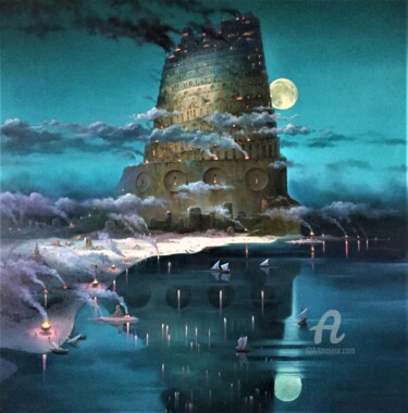 Schilderij getiteld "The Night Tower." door Aleksandr Mikhalchuk, Origineel Kunstwerk, Olie