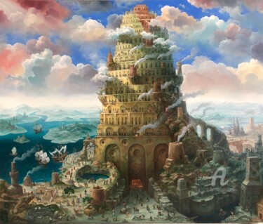 Malerei mit dem Titel "Tower of Babel. LIG…" von Aleksandr Mikhalchuk, Original-Kunstwerk, Öl