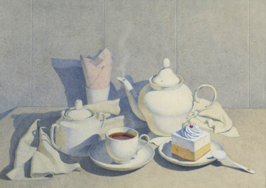 Pintura intitulada "Tea and cake" por Alexander Mukhin-Cheboksarsky, Obras de arte originais, Aquarela