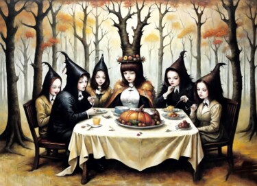 Painting titled "Witchgiving Feast" by Alexandr Kuznetsov, Original Artwork, Acrylic Mounted on Wood Stretcher frame