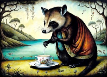 Schilderij getiteld "Teatime Bandit" door Alexandr Kuznetsov, Origineel Kunstwerk, Acryl Gemonteerd op Frame voor houten bra…
