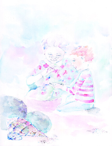 Malerei mit dem Titel "grand-mère et enfant" von Alexandra Bobolina, Original-Kunstwerk, Aquarell