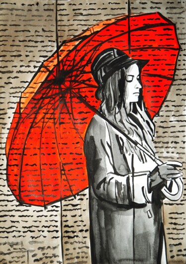 Drawing titled "Girl with a red umb…" by Alexandra Djokic, Original Artwork, Ink