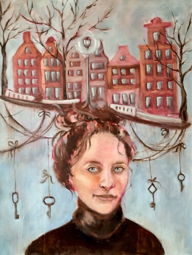 Painting titled "Keys to the City -…" by Alexandra Jagoda, Original Artwork, Oil Mounted on Wood Stretcher frame