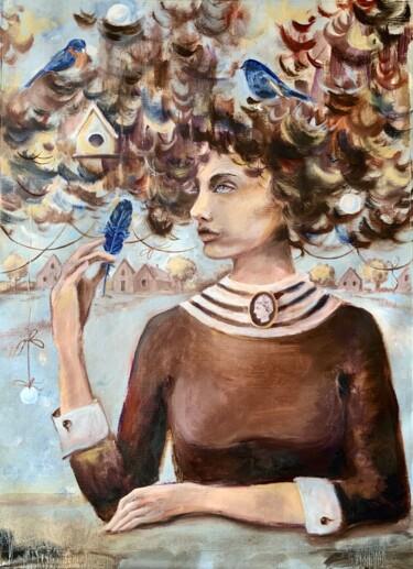 Painting titled "Newfound feather of…" by Alexandra Jagoda, Original Artwork, Oil Mounted on Wood Stretcher frame