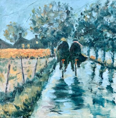 Painting titled "Rainy Ride - couple…" by Alexandra Jagoda, Original Artwork, Oil Mounted on Wood Stretcher frame