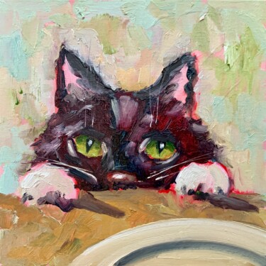 Painting titled "Curious Cat's Tempt…" by Alexandra Jagoda, Original Artwork, Oil Mounted on Cardboard