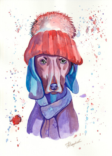 绘画 标题为“A Dog in a Bonnet W…” 由Alexandra Kazakova, 原创艺术品, 水彩