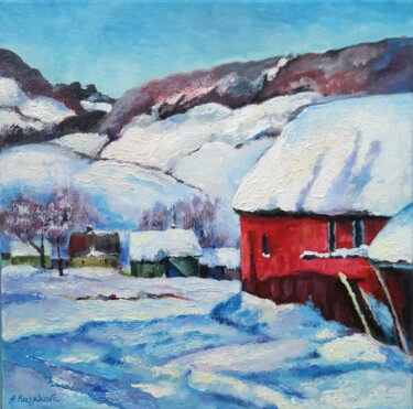Ζωγραφική με τίτλο "Snow Covered Red Ho…" από Alexandra Kazakova, Αυθεντικά έργα τέχνης, Ακρυλικό