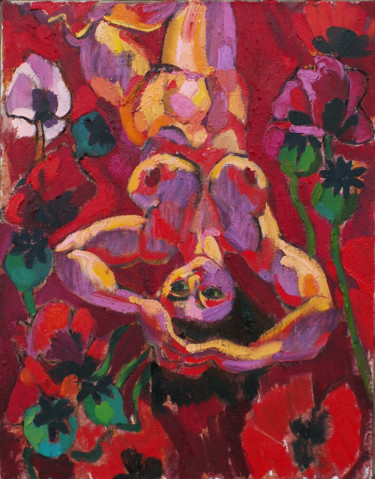 Pittura intitolato "Nude Girl in poppy…" da Alexandra Ovchinnikova, Opera d'arte originale, Olio