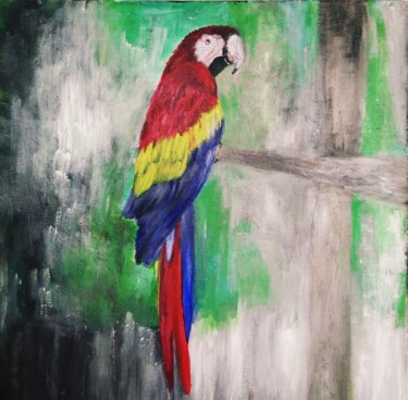 Painting titled "Parrot" by Alexandra Petropoulou, Original Artwork, Acrylic Mounted on Wood Stretcher frame