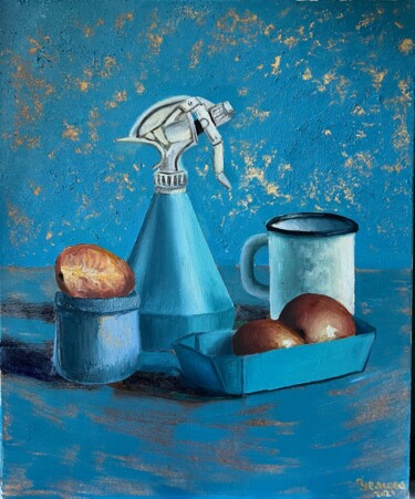 Painting titled "Nature morte en bleu" by Alexandra Uryasova, Original Artwork, Oil Mounted on Wood Stretcher frame