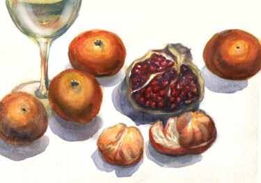 Painting titled "Tangerine and pomeg…" by Alexandra Zatelepina, Original Artwork, Watercolor