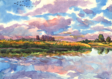 Painting titled "Landscape with buil…" by Alexandra Zatelepina, Original Artwork, Watercolor