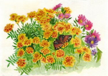 Painting titled "Butterfly, marigold…" by Alexandra Zatelepina, Original Artwork, Watercolor