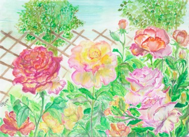 Peinture intitulée "Rosiers au balcon" par Alexandra Smis, Œuvre d'art originale, Aquarelle