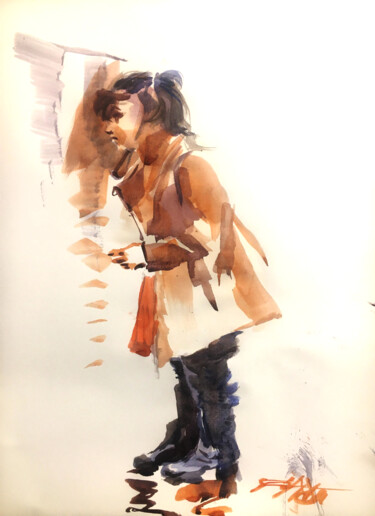 Peinture intitulée "Une jeune fille éco…" par Alexandre Dumitrescu, Œuvre d'art originale, Aquarelle