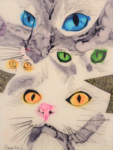 Malerei mit dem Titel "Regards de chats" von Alexandre H., Original-Kunstwerk, Acryl