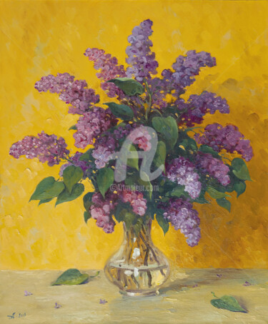 Painting titled "Lilac against the y…" by Alexander Alexandrovsky, Original Artwork, Oil