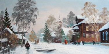 Malerei mit dem Titel "Street in Kargopol" von Alexander Alexandrovsky, Original-Kunstwerk, Öl