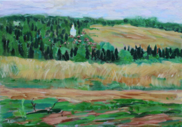 Painting titled "Countryside" by Alexey Beregovoy, Original Artwork, Oil Mounted on Wood Stretcher frame