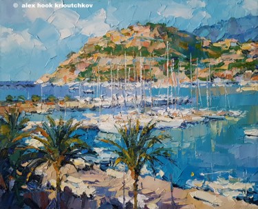 Painting titled "Puerto de Andratx XI" by Alex Hook Krioutchkov, Original Artwork, Oil Mounted on Wood Stretcher frame