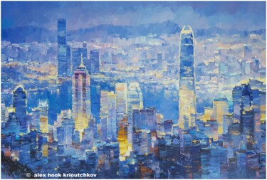 Painting titled "Hong Kong IX" by Alex Hook Krioutchkov, Original Artwork, Oil Mounted on Wood Stretcher frame