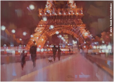 Painting titled "Paris at night XIV" by Alex Hook Krioutchkov, Original Artwork, Oil Mounted on Wood Stretcher frame