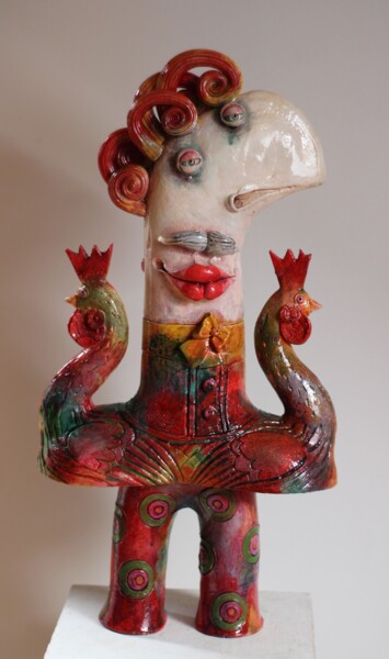 Escultura intitulada "Jadę na kogucie tył…" por Alex Johanson, Obras de arte originais, Argila