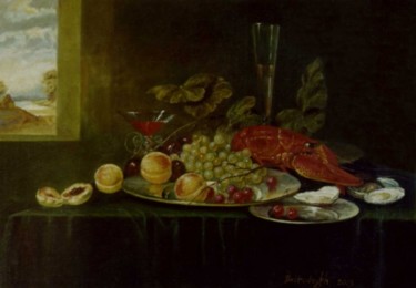 Pittura intitolato "Омар и фрукты на ст…" da Alexander Bezrodnykh, Opera d'arte originale, Altro