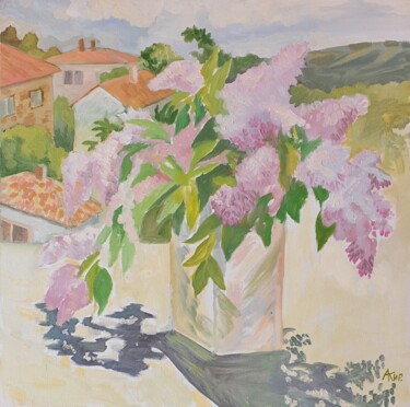 Painting titled "Lilac bouquet on an…" by Alfia Kircheva, Original Artwork, Oil