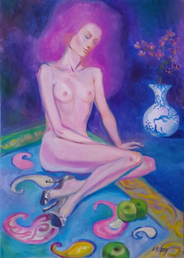 Malerei mit dem Titel "Woman with Pink Hair" von Alfia Kircheva, Original-Kunstwerk, Öl Auf Keilrahmen aus Holz montiert