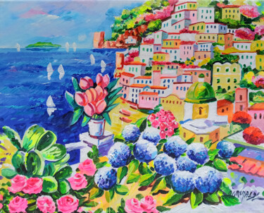 绘画 标题为“Positano & colorful…” 由Alfredo Grimaldi, 原创艺术品, 丙烯 安装在木质担架架上