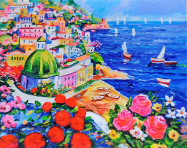 Pintura intitulada "Summer day on Amalf…" por Alfredo Grimaldi, Obras de arte originais, Acrílico Montado em Armação em made…