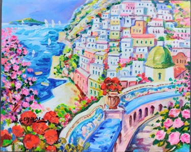 Pintura titulada "Terrazza a Positano" por Alfredo Grimaldi, Obra de arte original, Oleo