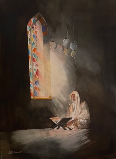Malarstwo zatytułowany „Qura'an Reciter” autorstwa Ali Ahmadi, Oryginalna praca, Akwarela