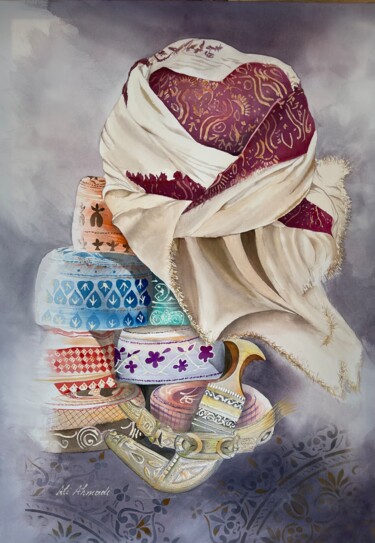 Painting titled "Omani Costumes stil…" by Ali Ahmadi, Original Artwork, Watercolor