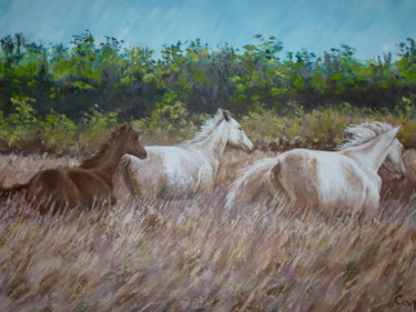 Peinture intitulée "Chevaux dans l'herbe" par Alice Capelli, Œuvre d'art originale, Huile