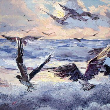 Painting titled "Seascape with seagu…" by Alice Tretyakova, Original Artwork, Oil Mounted on Wood Stretcher frame