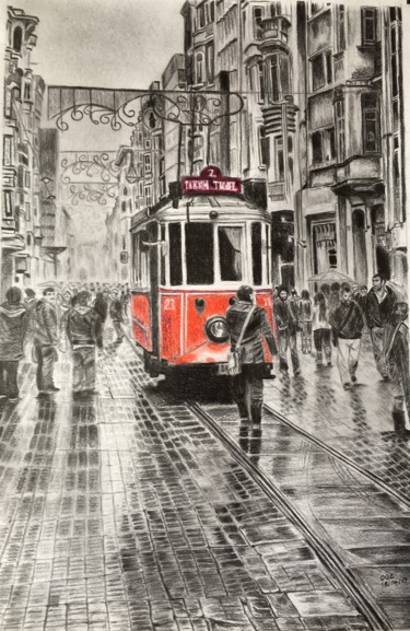 제목이 "Rainy day in Beyoğlu"인 미술작품 Hakan Oğuz로, 원작, 숯 목재 패널에 장착됨