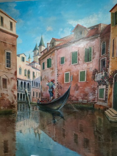 Schilderij getiteld "Wenezia Gondolier" door Aliko Jojua, Origineel Kunstwerk, Olie